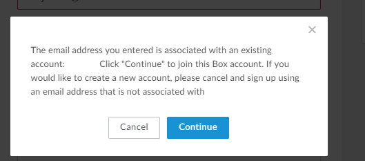 メールアドレスが既存アカウントに関連付けられている Box Support